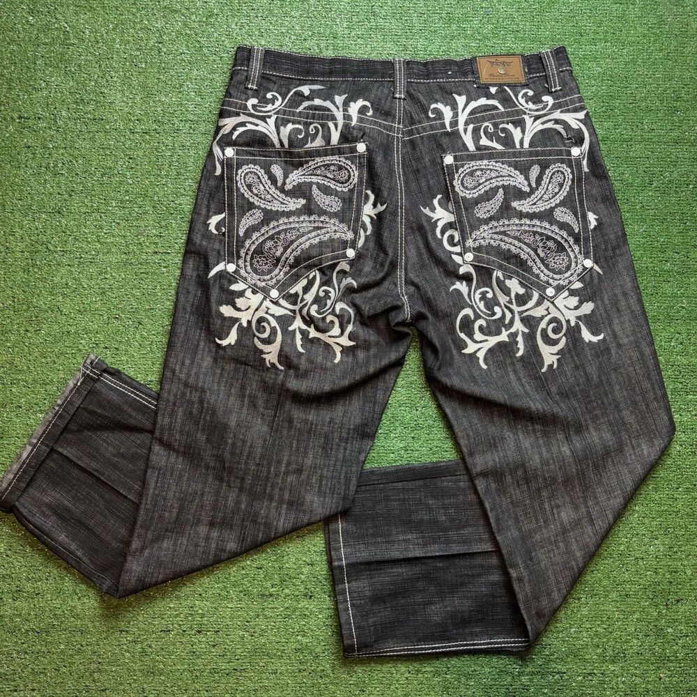 Reve black and white bandana print denim Jeans Size W 38 L 32 baggy Vintage Pant